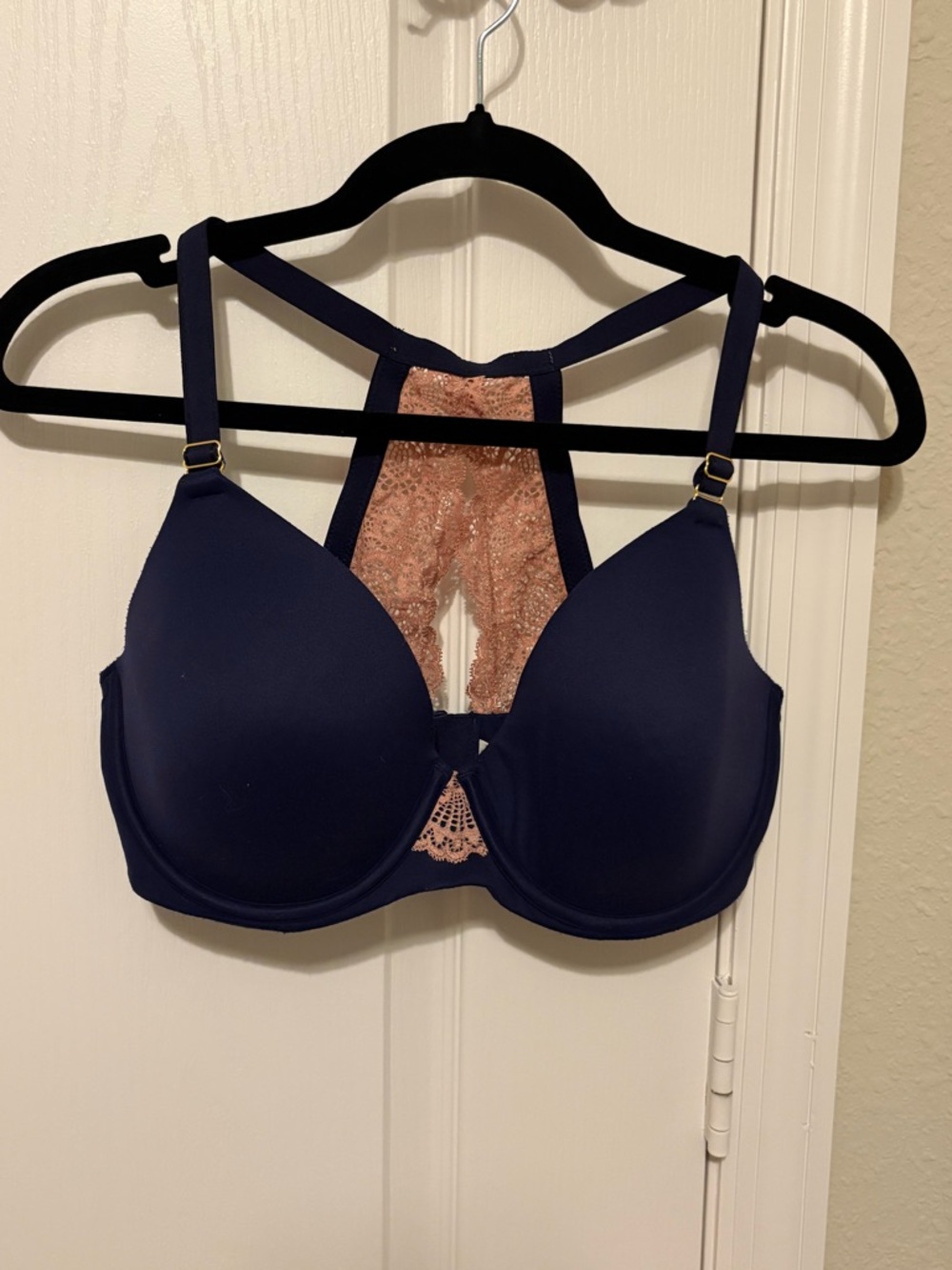 Soma Navy Bra with Blush Lace Racerback Accent